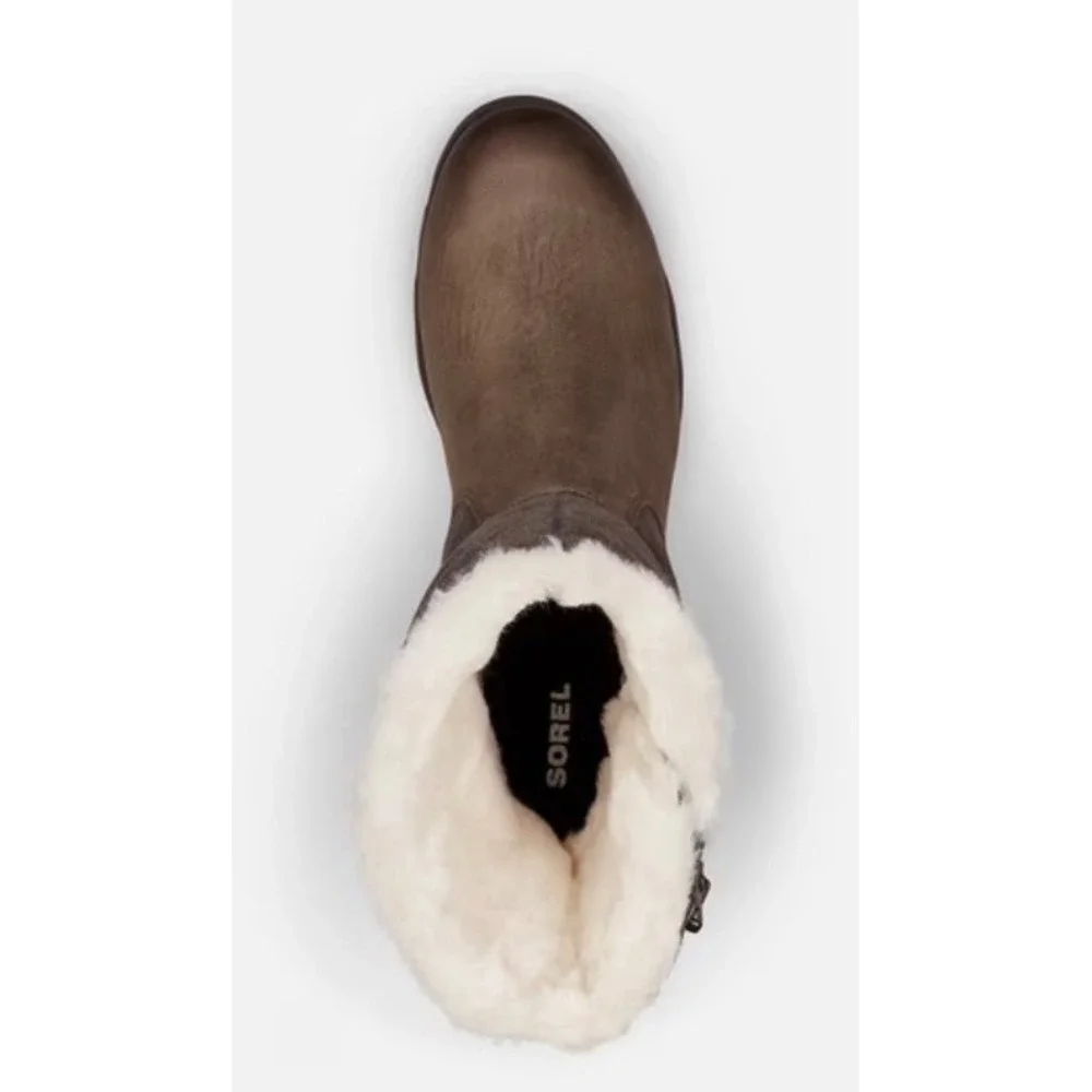 Sorel Phoenix Moto Waterproof Leather Suede Faux Fur Boots Quarry Brown Womens 6